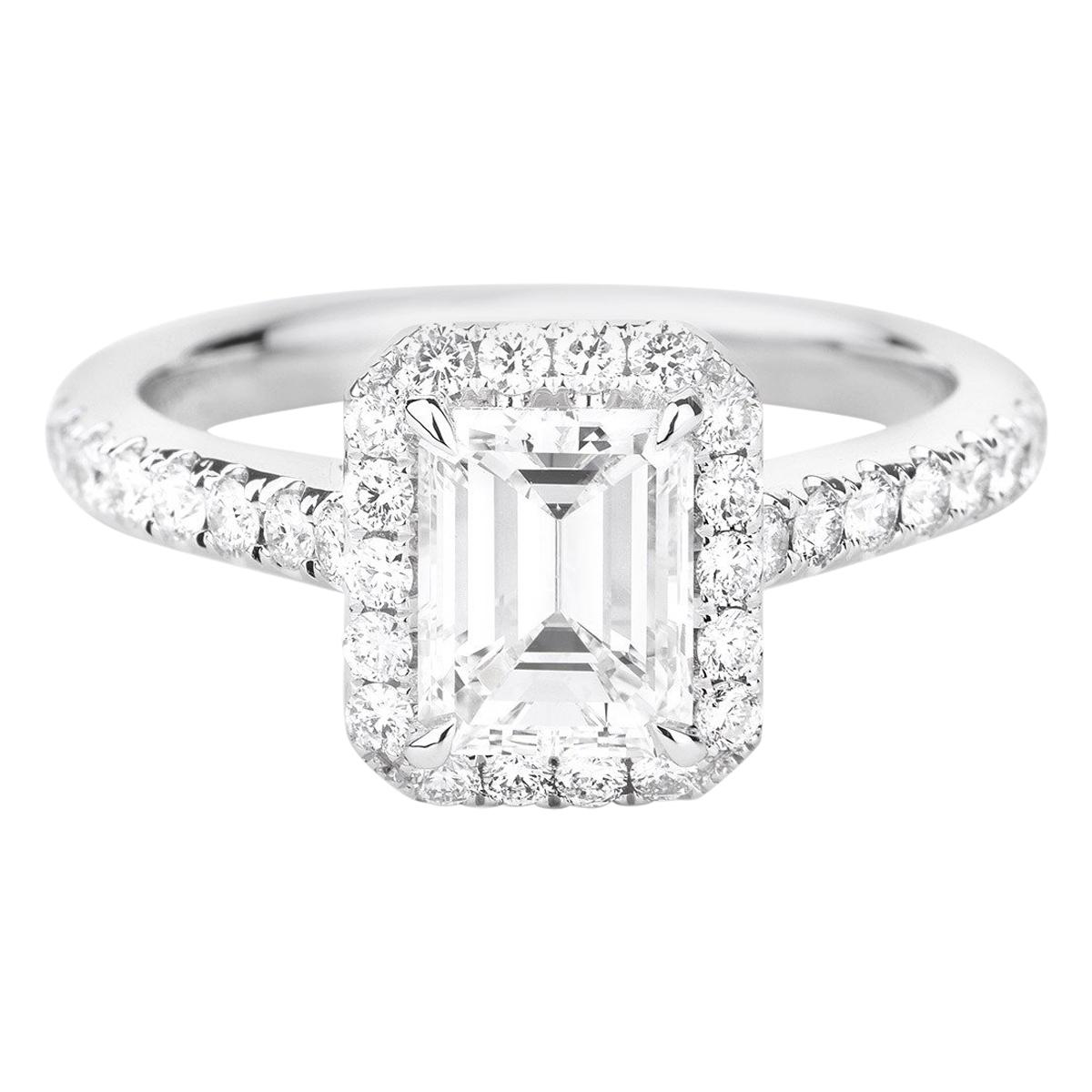 GIA Certified White Gold Emerald Cut Diamond Ring with a Halo, 1.62 Carat