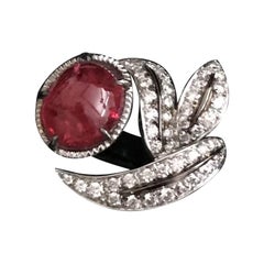 Fashion Ring Carat 5.85 Round Cabochon Cut Red Spinel Diamonds Pave