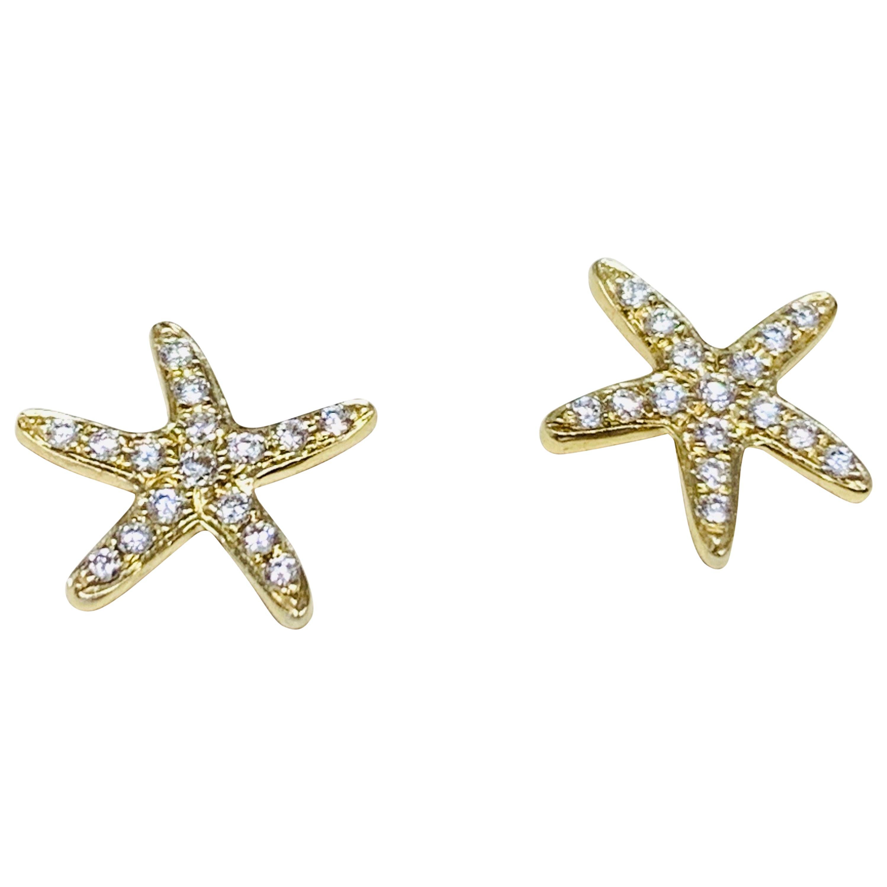 Cherie Dori 14 Karat Yellow Gold 0.15 Carat Round Diamond Starfish Stud Earrings