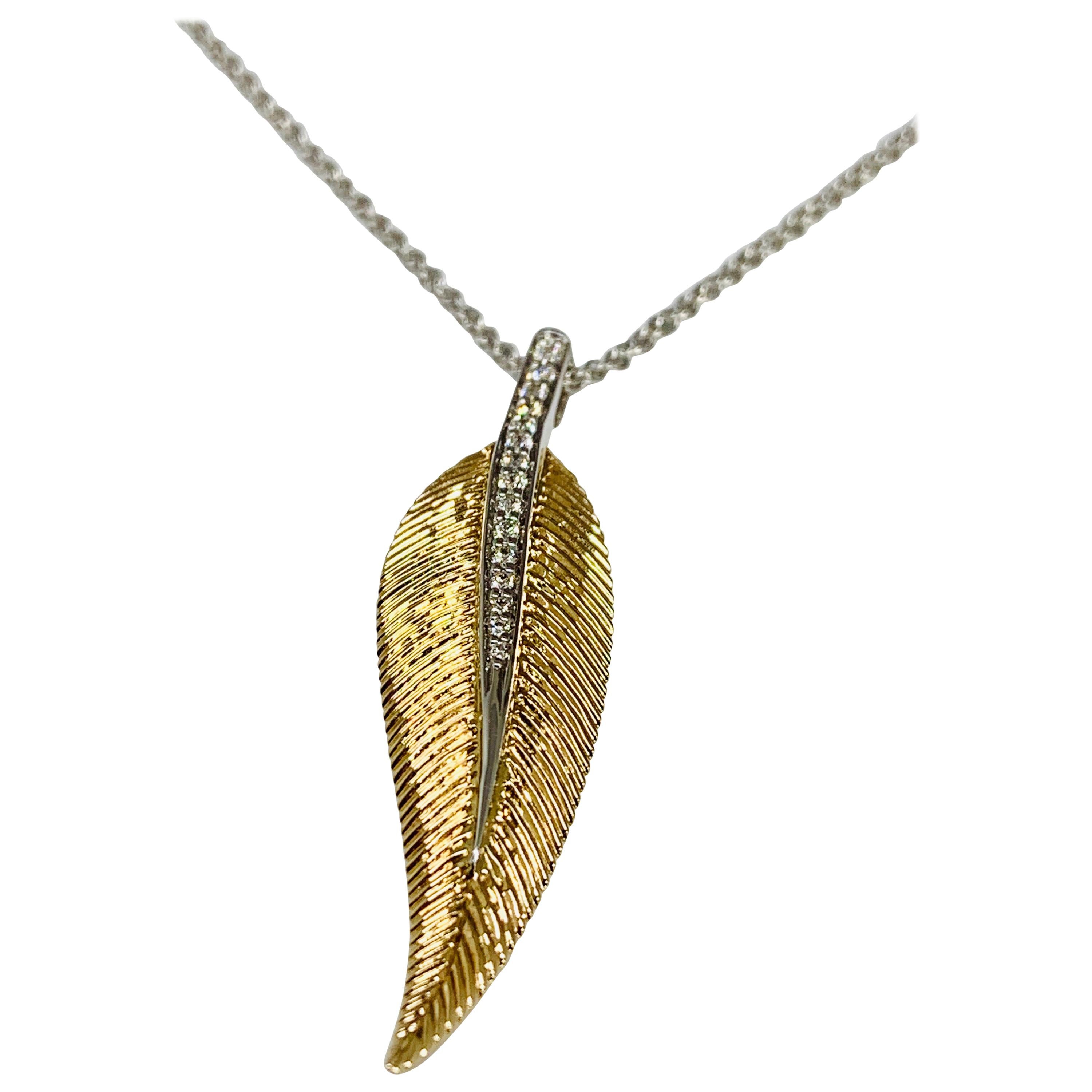 14 Karat Yellow and White Gold 0.15 Carat Diamond Textured Leaf Necklace