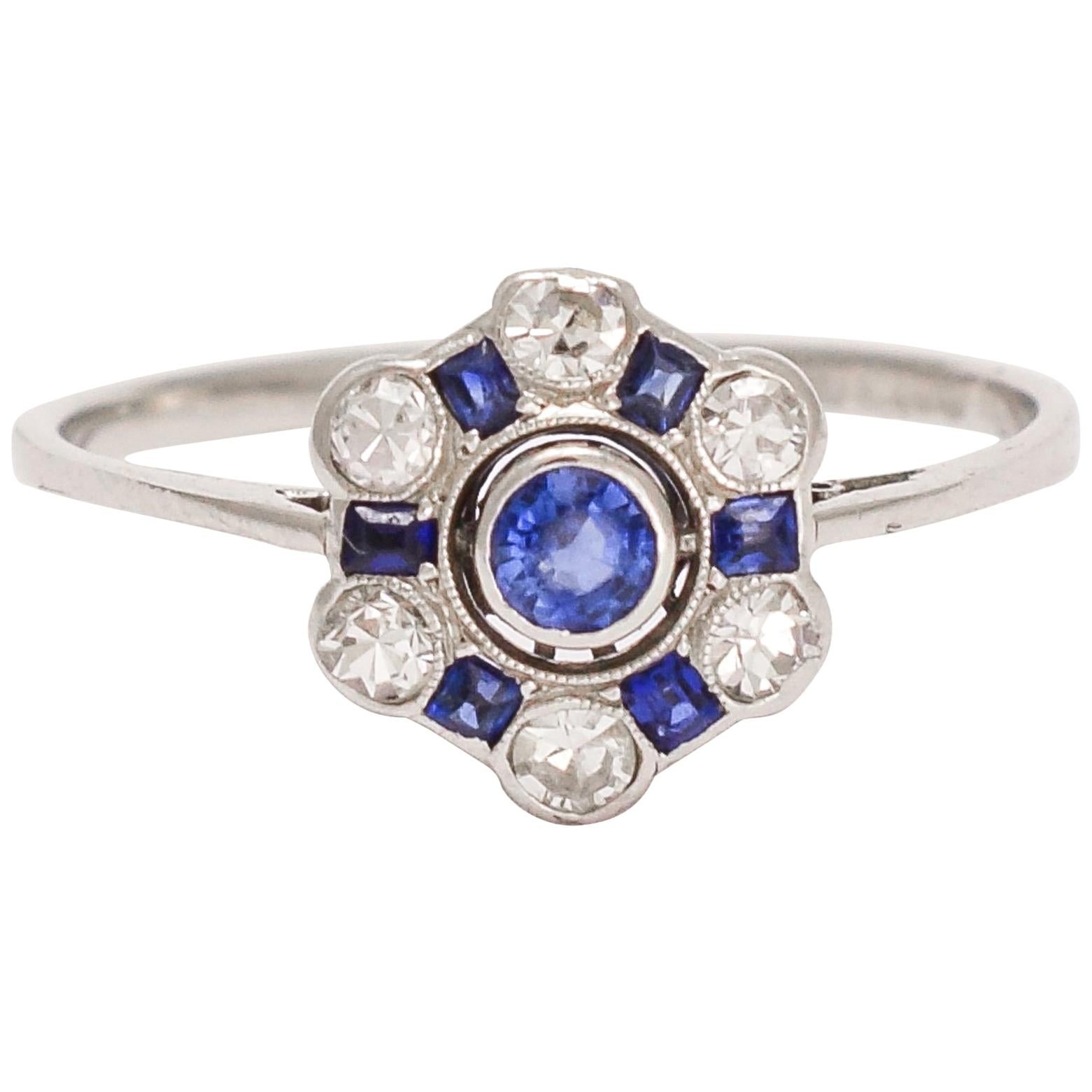 Art Deco Blue Sapphire Diamond Cluster Ring