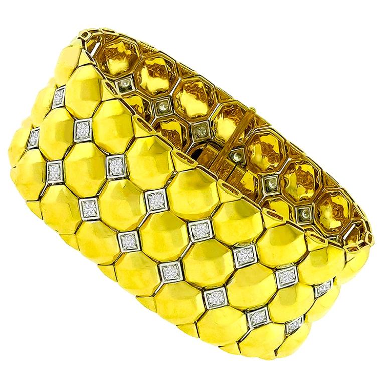 Vintage Diamond Yellow and White Gold Geometric Bracelet For Sale
