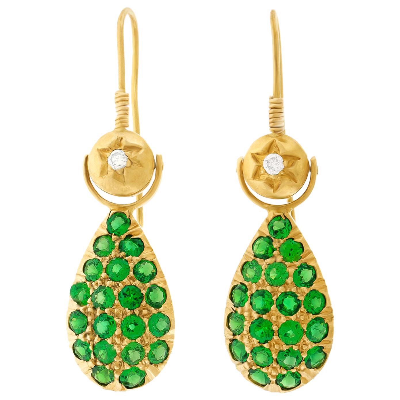 Demantoid Garnet and Diamond Set Gold Earrings