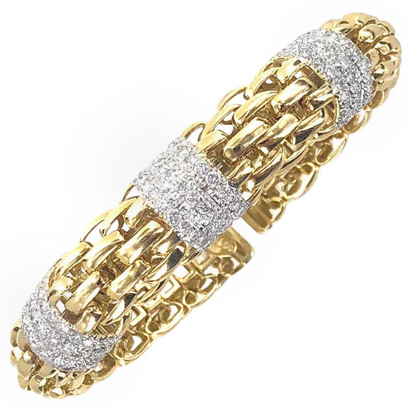 Diamond 18 Karat Yellow Gold Woven Link Cuff Bracelet Signed Ivan