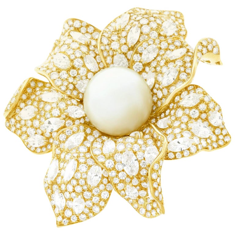 Magnificent Pearl and Diamond Set Gold Flower Brooch For Sale