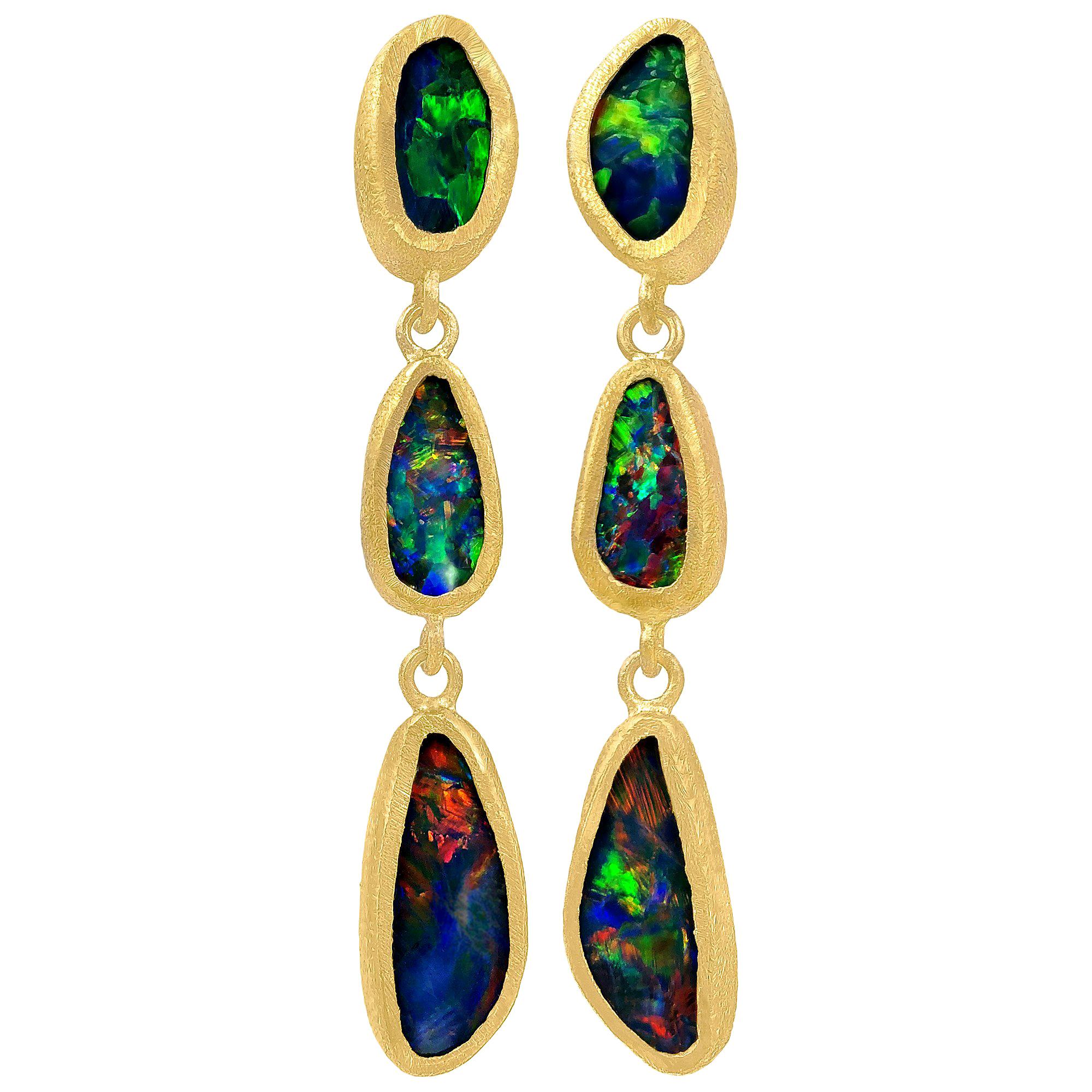 Devta Doolan Opal Doublet Rainbow Fire Triple Drop One-of-a-Kind Earrings