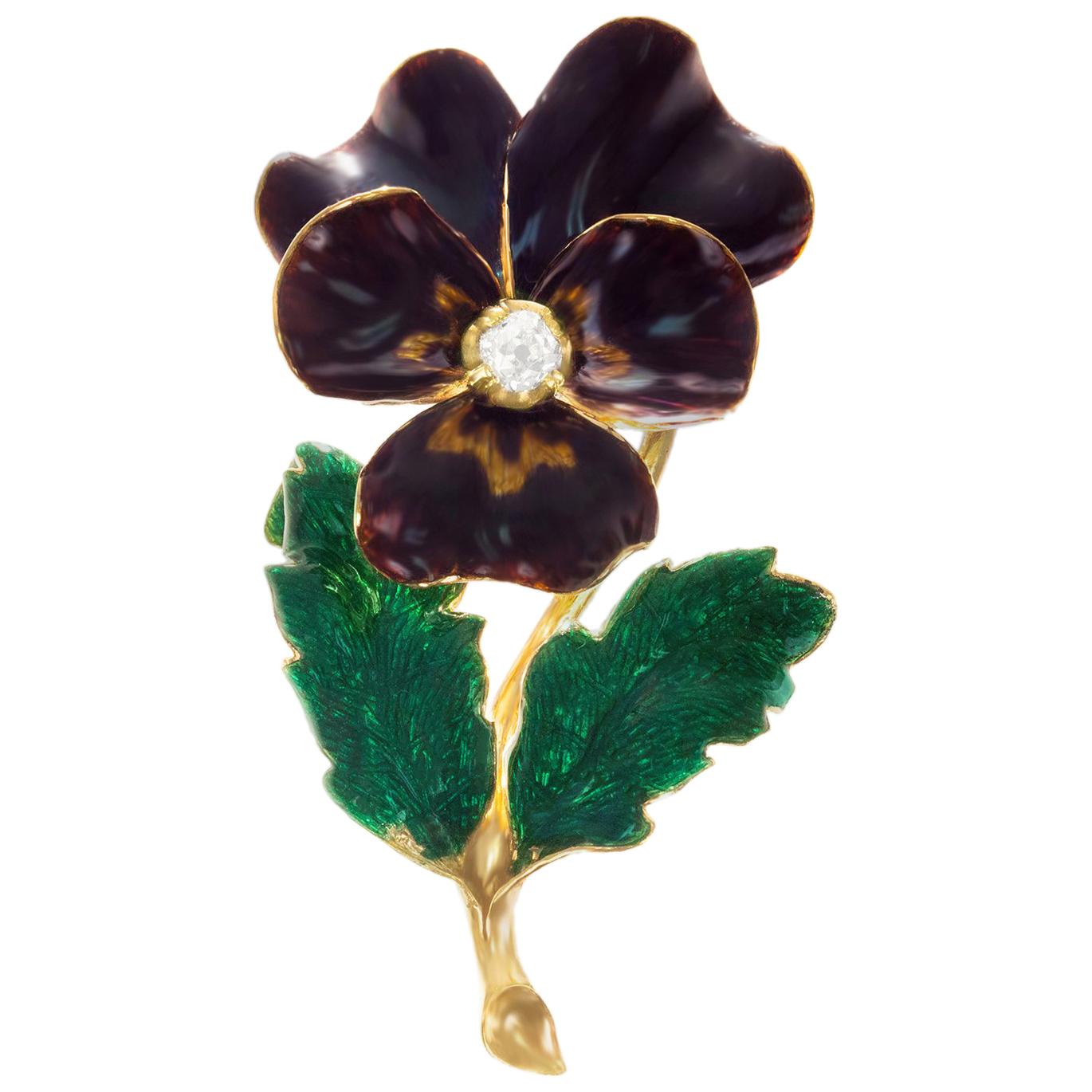 Antique Enamel and Diamond Pansy Brooch