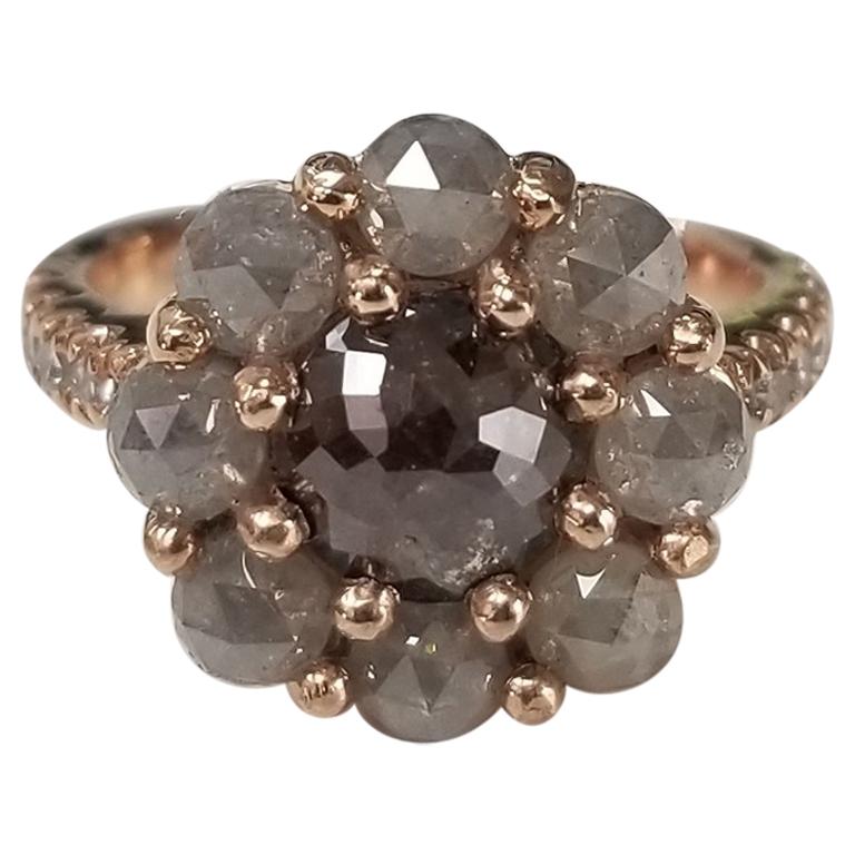 Rose Cut Natural Diamond Cluster Ring Set in 14 Karat Rose Gold For Sale