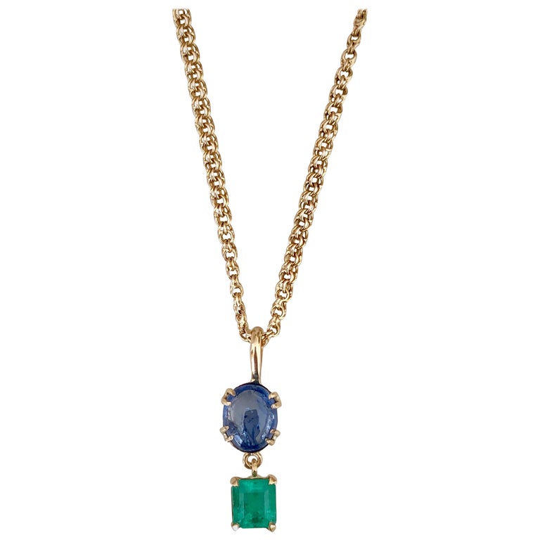 6.20 Carat Vintage Sapphire Emerald Drop Necklace 18 Karat For Sale