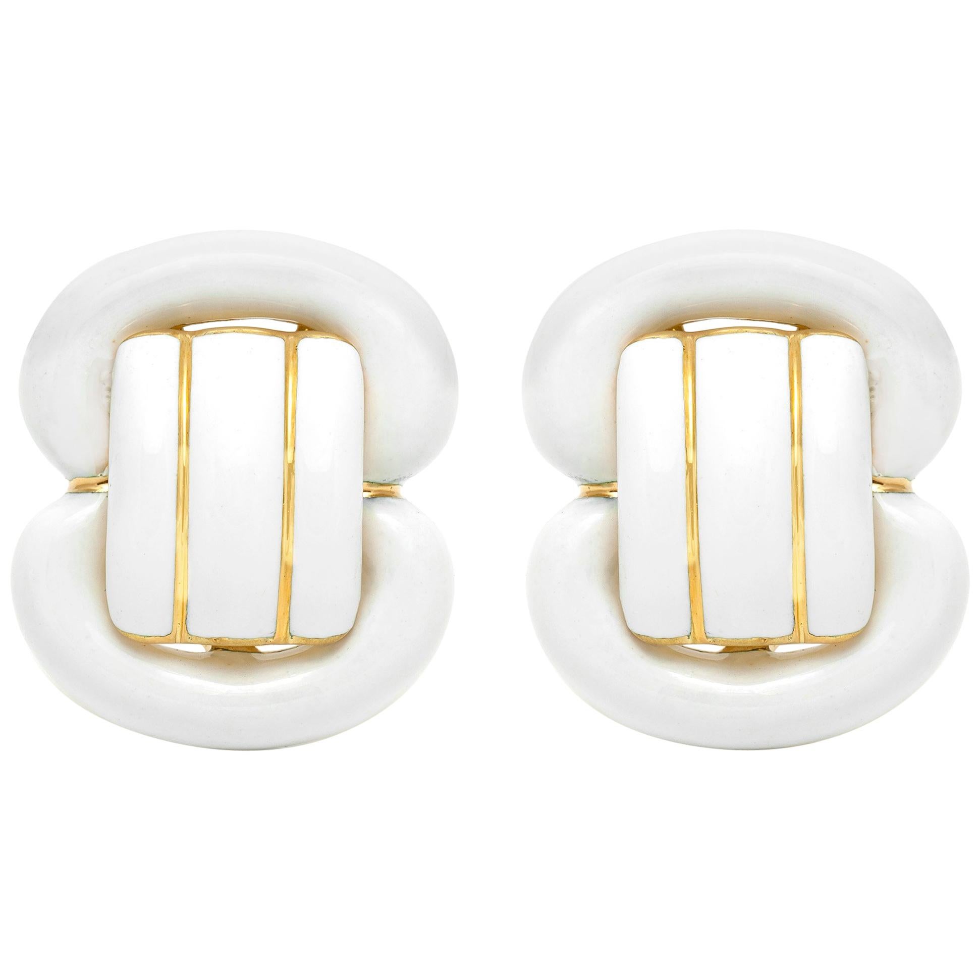 David Webb White Enamel 18 Karat Gold Earrings