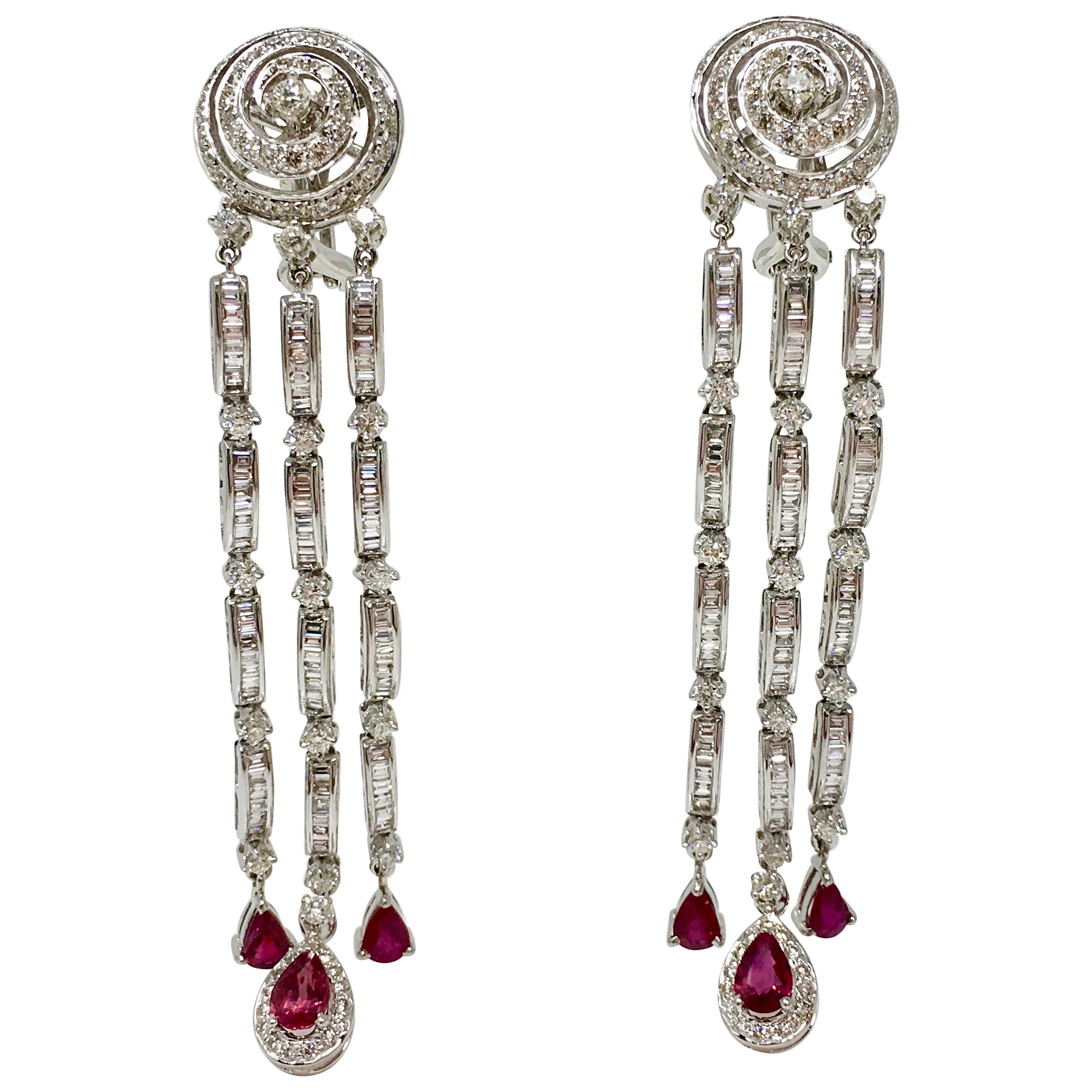 6.03 Carat White Diamond And 3.40 Carat Red Ruby Chandelier Earrings In 18K Gold For Sale