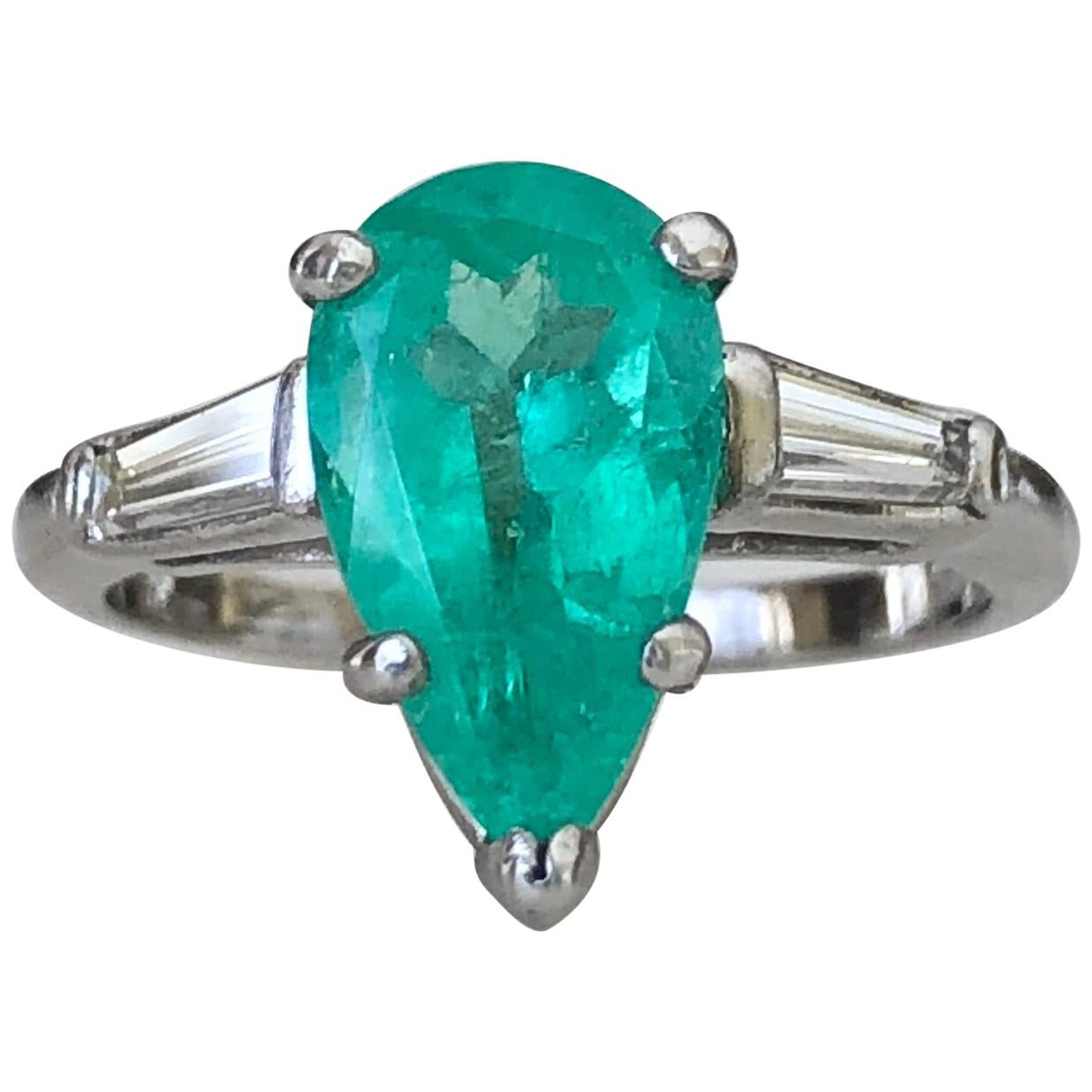 Emerald Diamond Engagement Platinum Ring Three-Stone Pear Shape