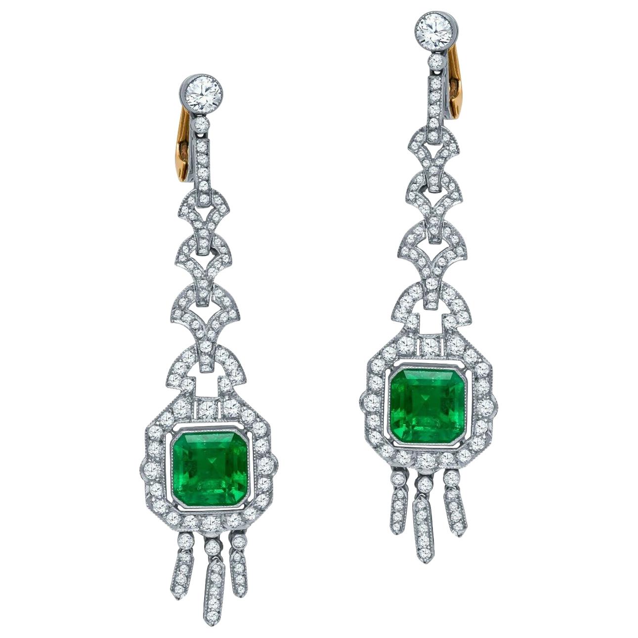 Estate Antique Art Deco Platinum 7.57 Carat Diamond and Emerald Dangle Earrings