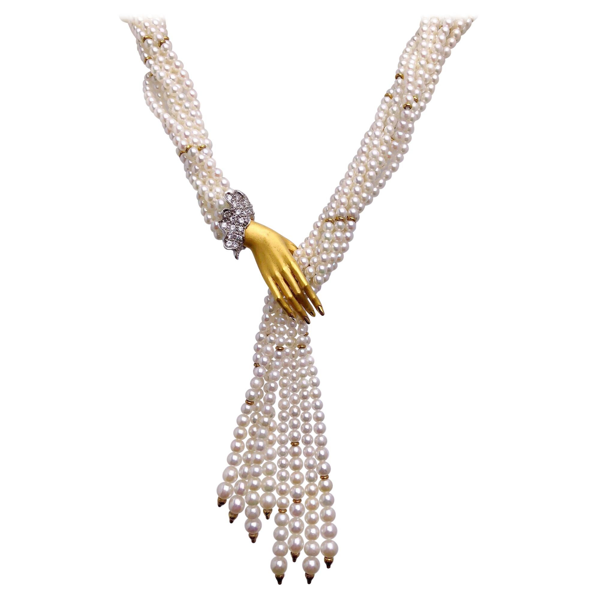 Carrera y Carrera Collana a spirale di perle in oro 18 carati con diamante a mano da 0,62 carati in vendita