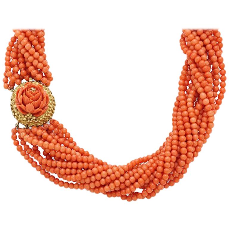 Coral Multi-Strand Bead Rosette Gold Necklace