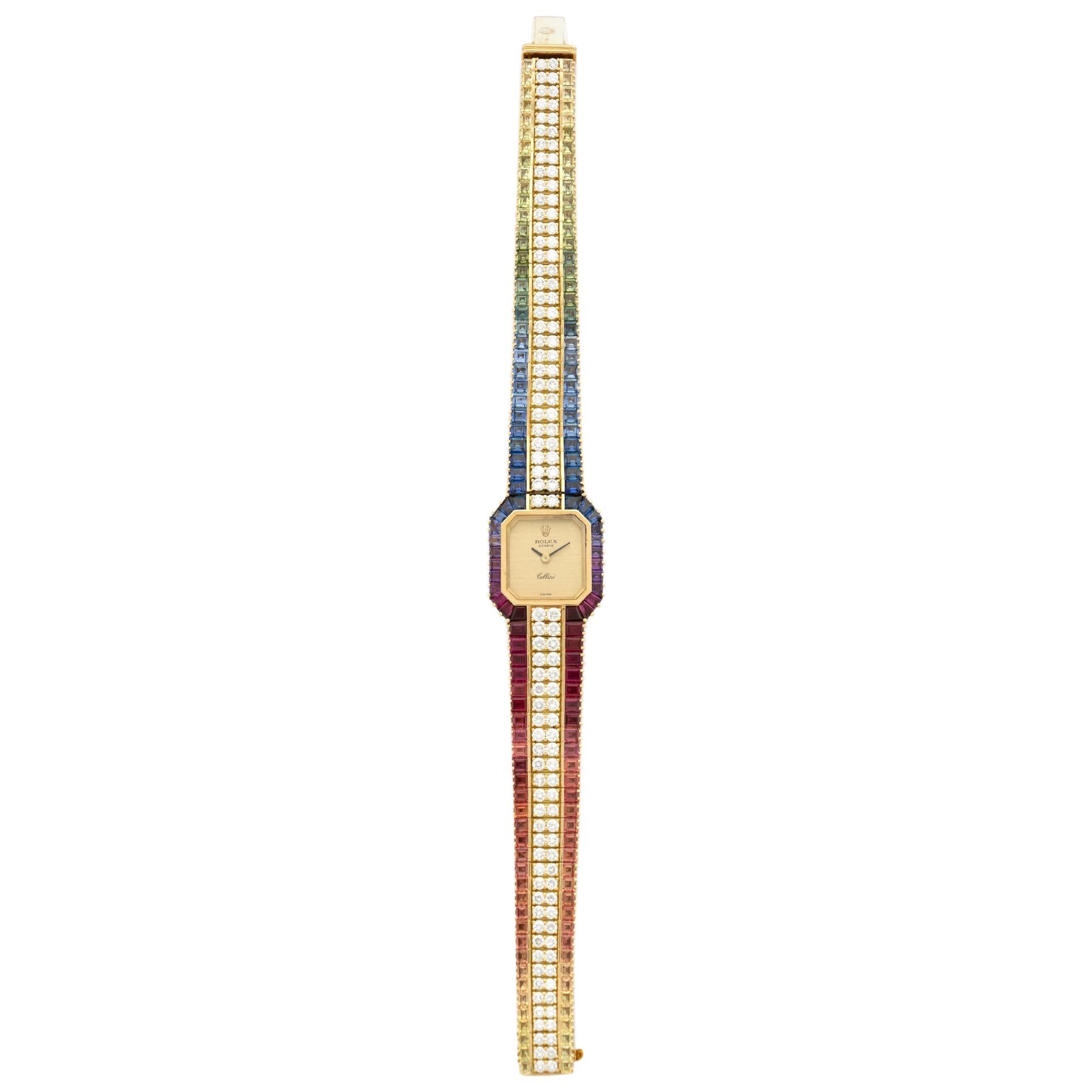 Rolex Yellow Gold Rainbow Diamond and Sapphire Watch For Sale