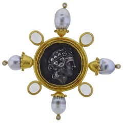 Elizabeth Locke Ancient Coin Pearl Moonstone Diamond Gold Large Brooch