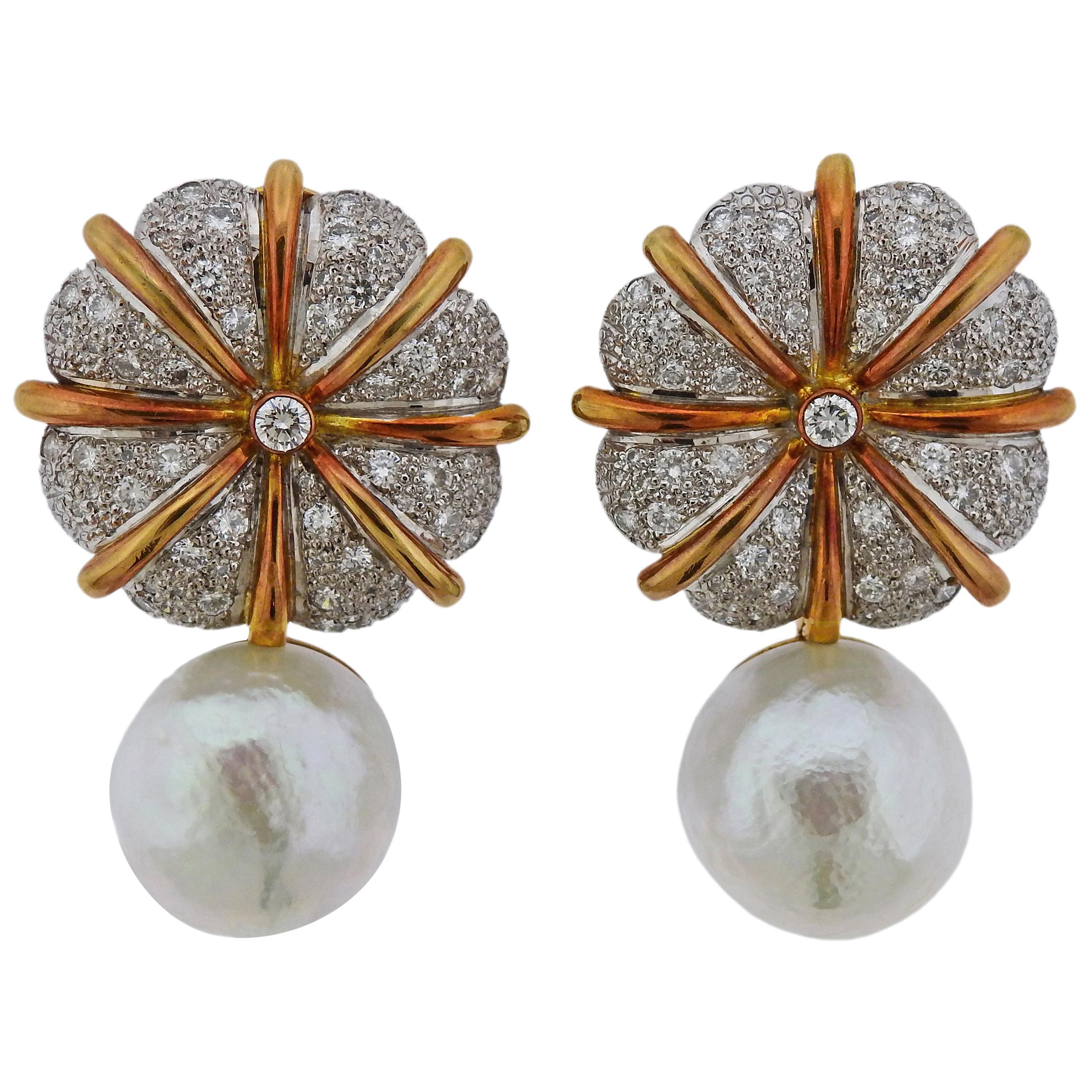 Elizabeth Gage Pearl Diamond Gold Earrings