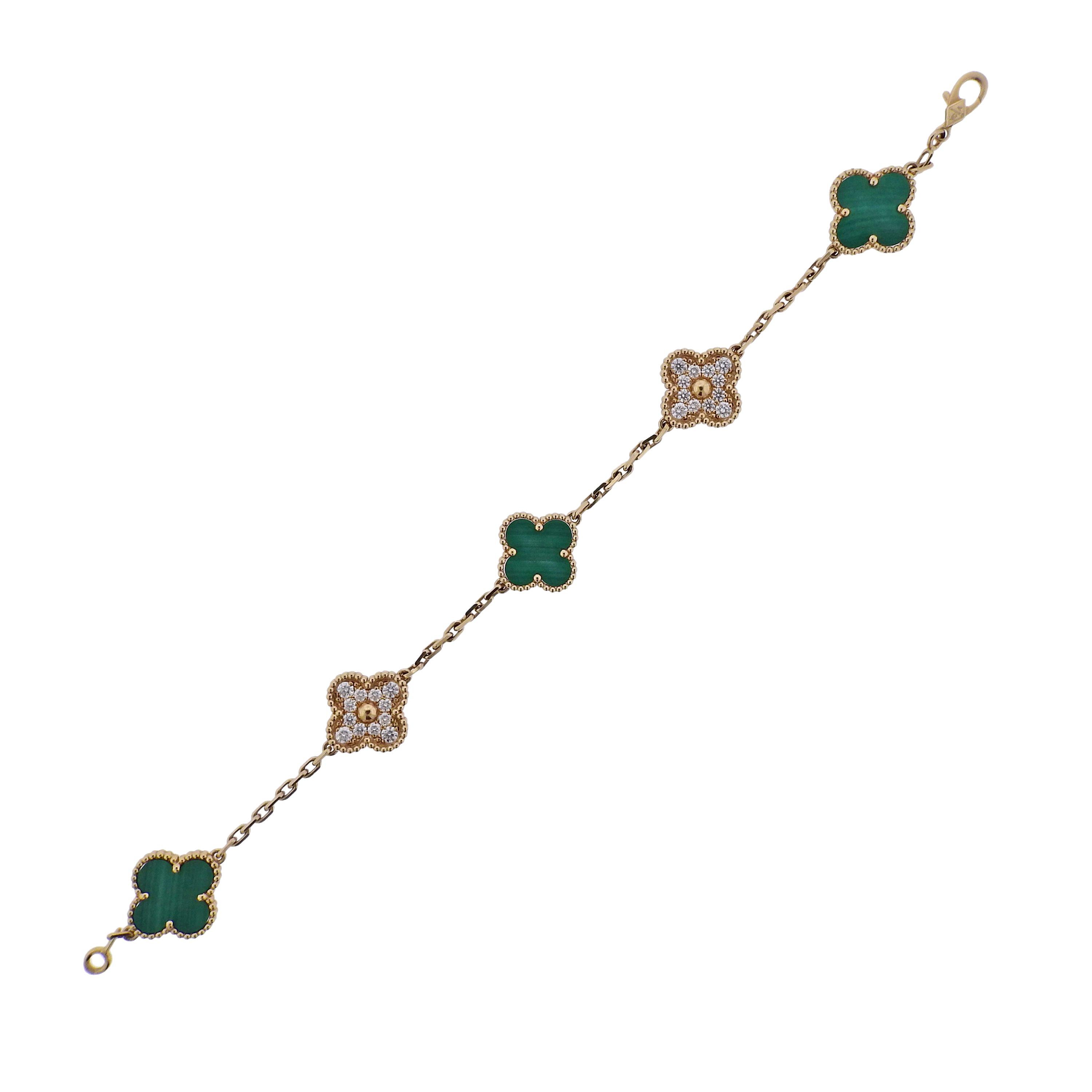 Van Cleef & Arpels Vintage Alhambra Diamond Malachite Gold Bracelet