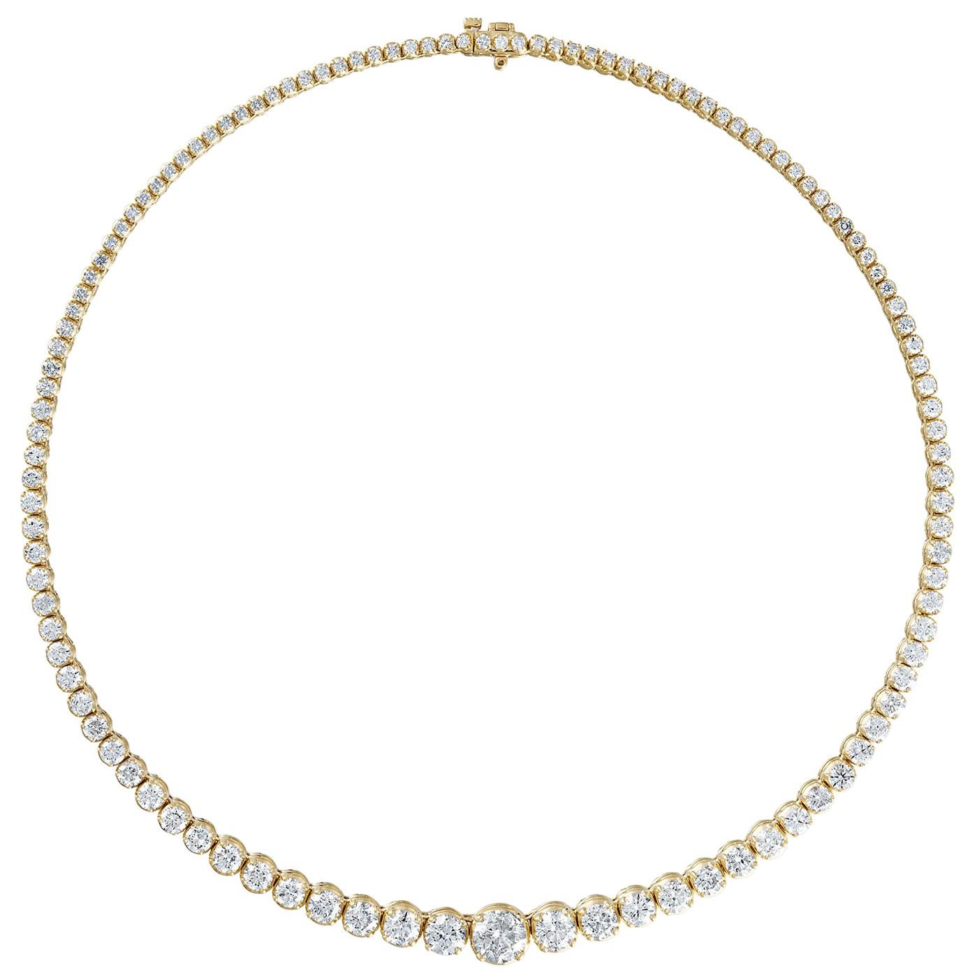 Yellow Gold Tennis Necklace of over 18 Carat of Round Diamonds