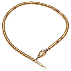 Art Deco 18K Yellow Gold 2.85CTW Diamond, Ruby, Sapphire, Emerald Snake Necklace