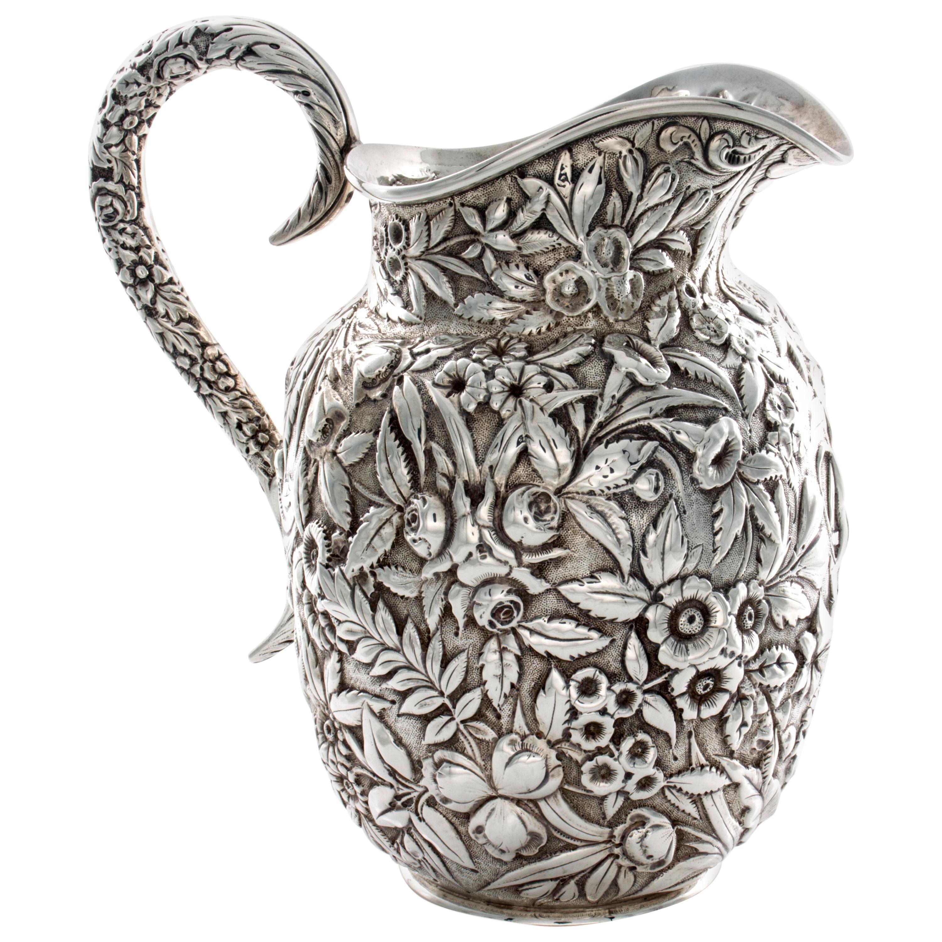 Kirk Repousse Sterling Floral Pitcher 1868-1890 For Sale