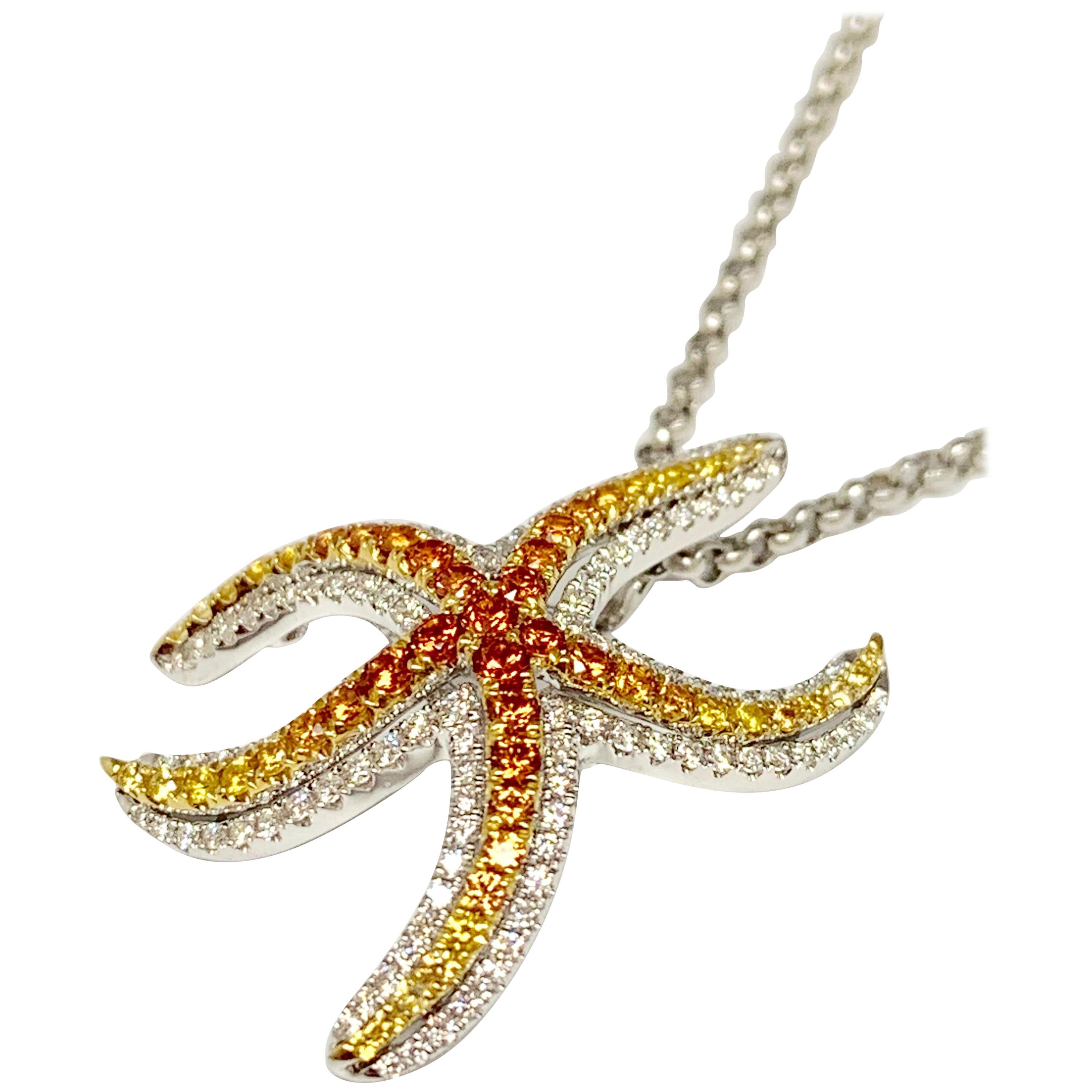 14 Karat Gold 0.90 Carat Multicolored Sapphire and Diamond Starfish Pendant For Sale