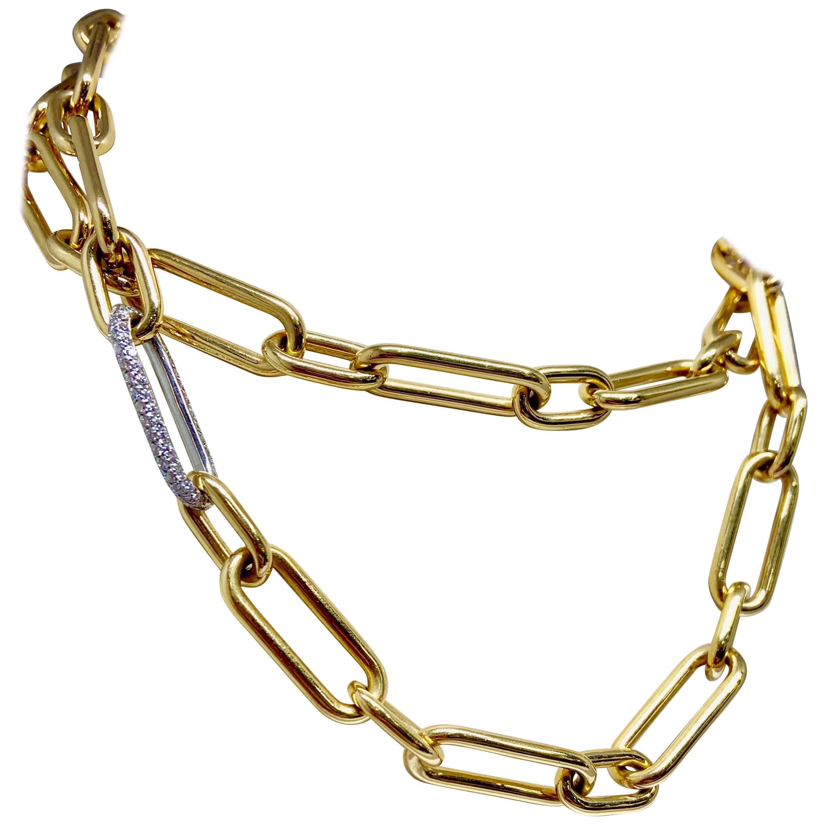 18 Karat Yellow and White Gold 1.10 Carat Diamond Link Style Necklace