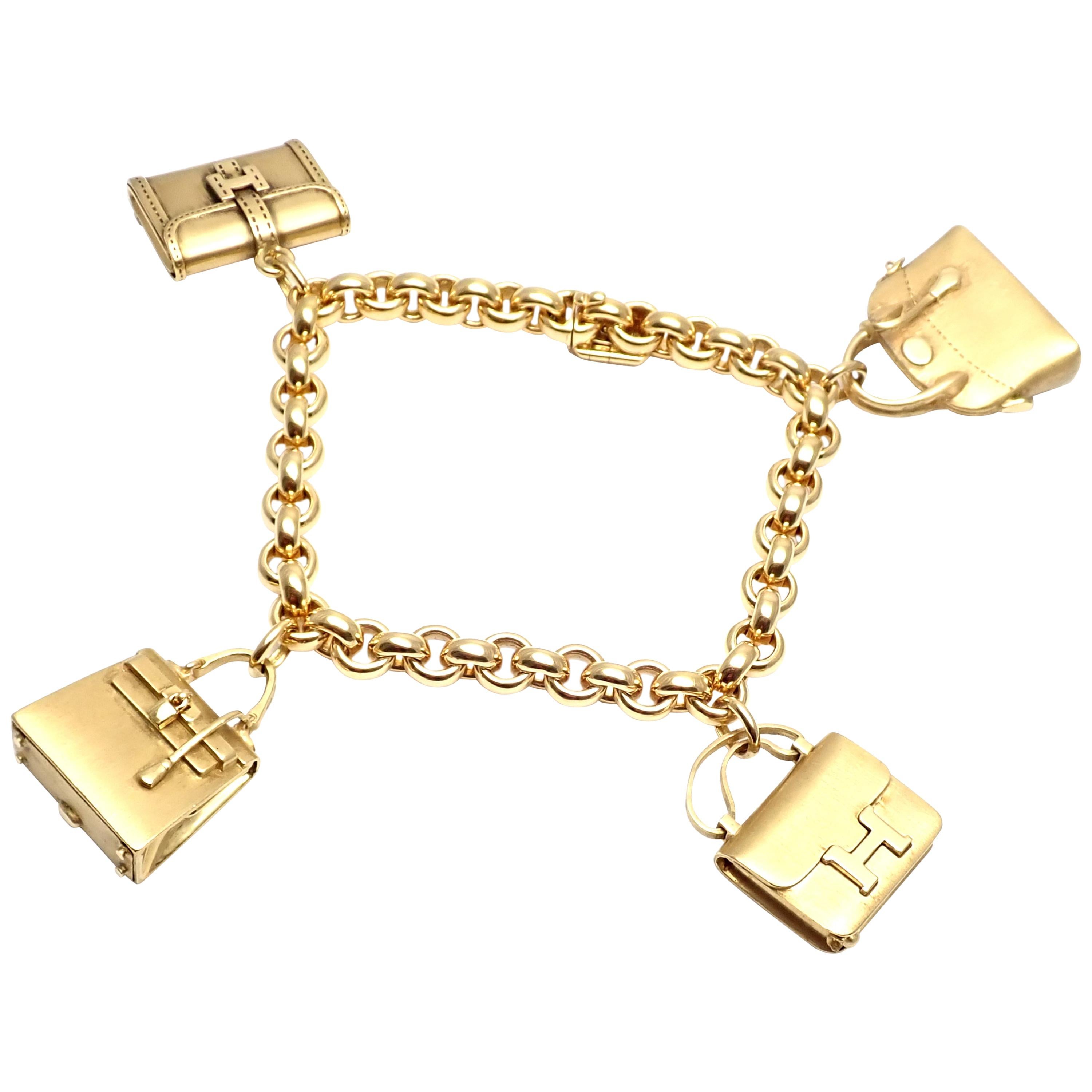 Hermes 4 Hanging Bag Charm Yellow Gold Link Bracelet