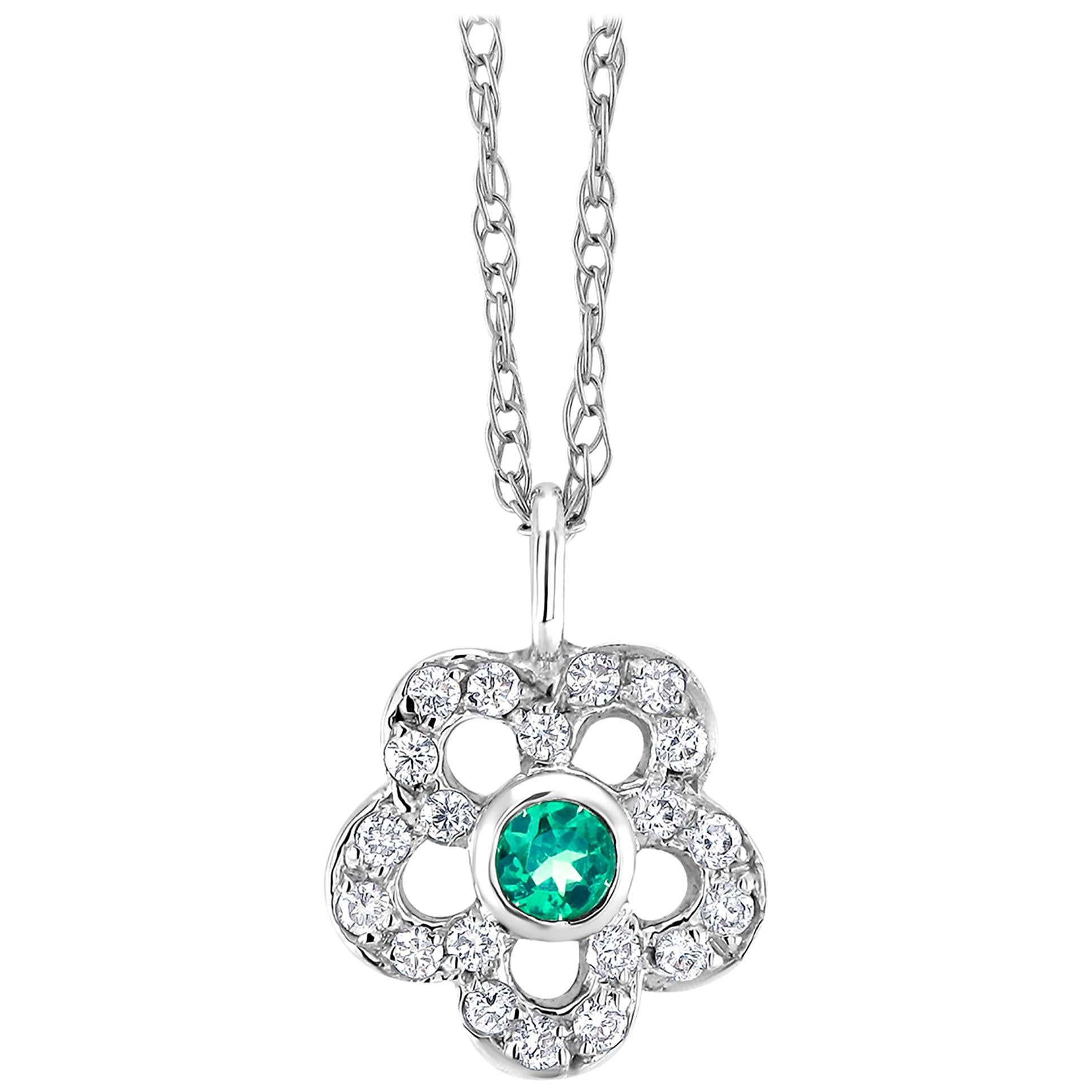 Emerald and Diamond Floral Charm Pendant Necklace