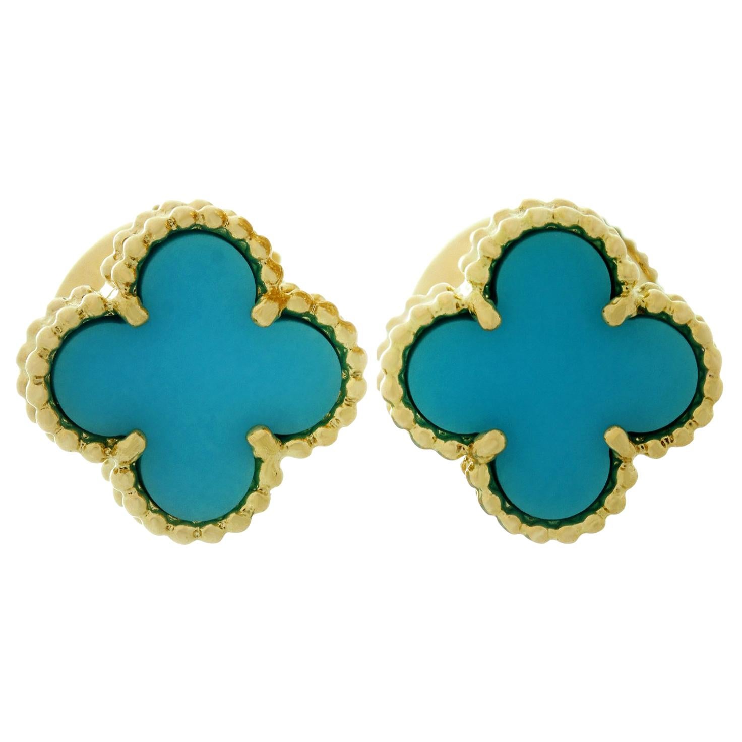 Van Cleef & Arpels Sweet Alhambra Turquoise YG Earrings. VCA Pouch Papers