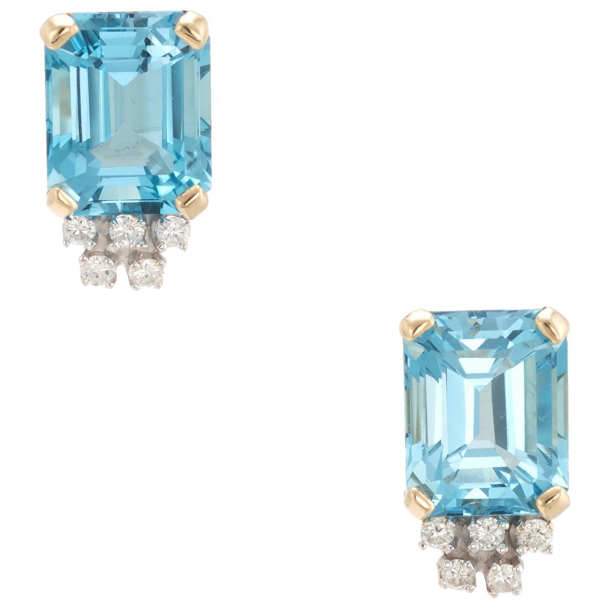 Estate Blue Topaz Diamond Stud Earrings Vintage 14 Karat Yellow Gold Emerald Cut