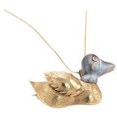 Vintage Duck Pendant 14 Karat Gold Baroque Pearl Diamond Brooch Estate Jewelry