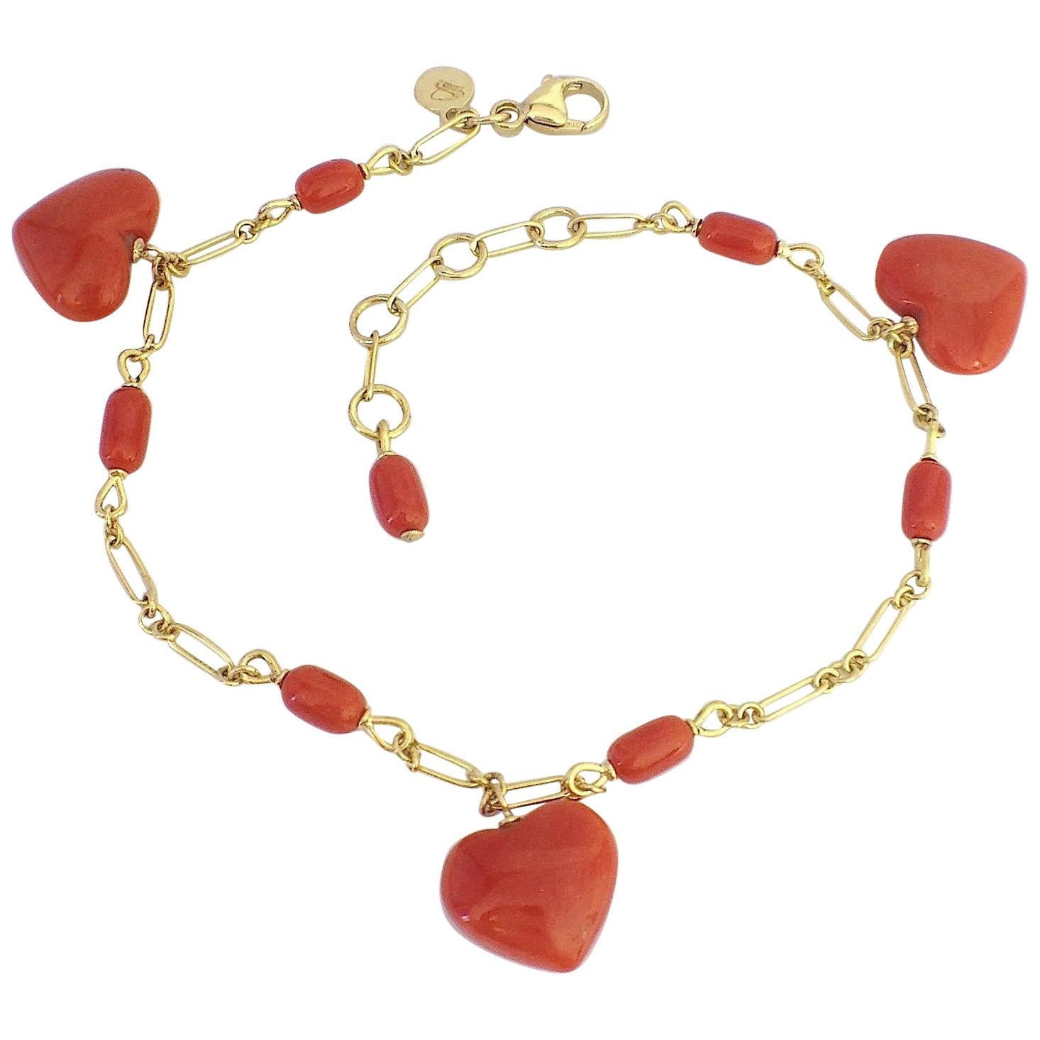 Petronilla Italian Natural Red Coral Heart Bracelet Handmade 18 Karat Gold