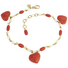 Petronilla Italian Natural Red Coral Heart Bracelet Handmade 18 Karat Gold