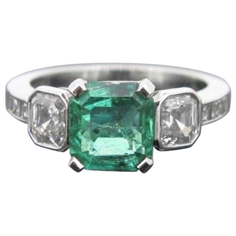 Colombian Emerald Asscher Cut Princess Cut Diamonds Platinum Engagement Ring