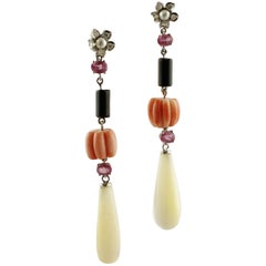 Red Coral, Ruby, Onyx, Pearl, Mother of Pearl Drops, White Gold Dangle Earrings