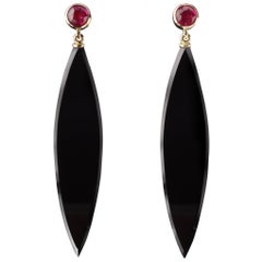 Yellow Gold Ruby and Onyx Minimalist Drop Earrings