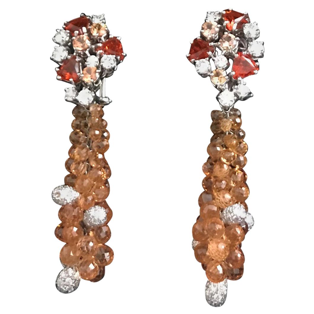 Chandelier Earrings Orange Fire Opal Sapphires and Diamonds For Sale