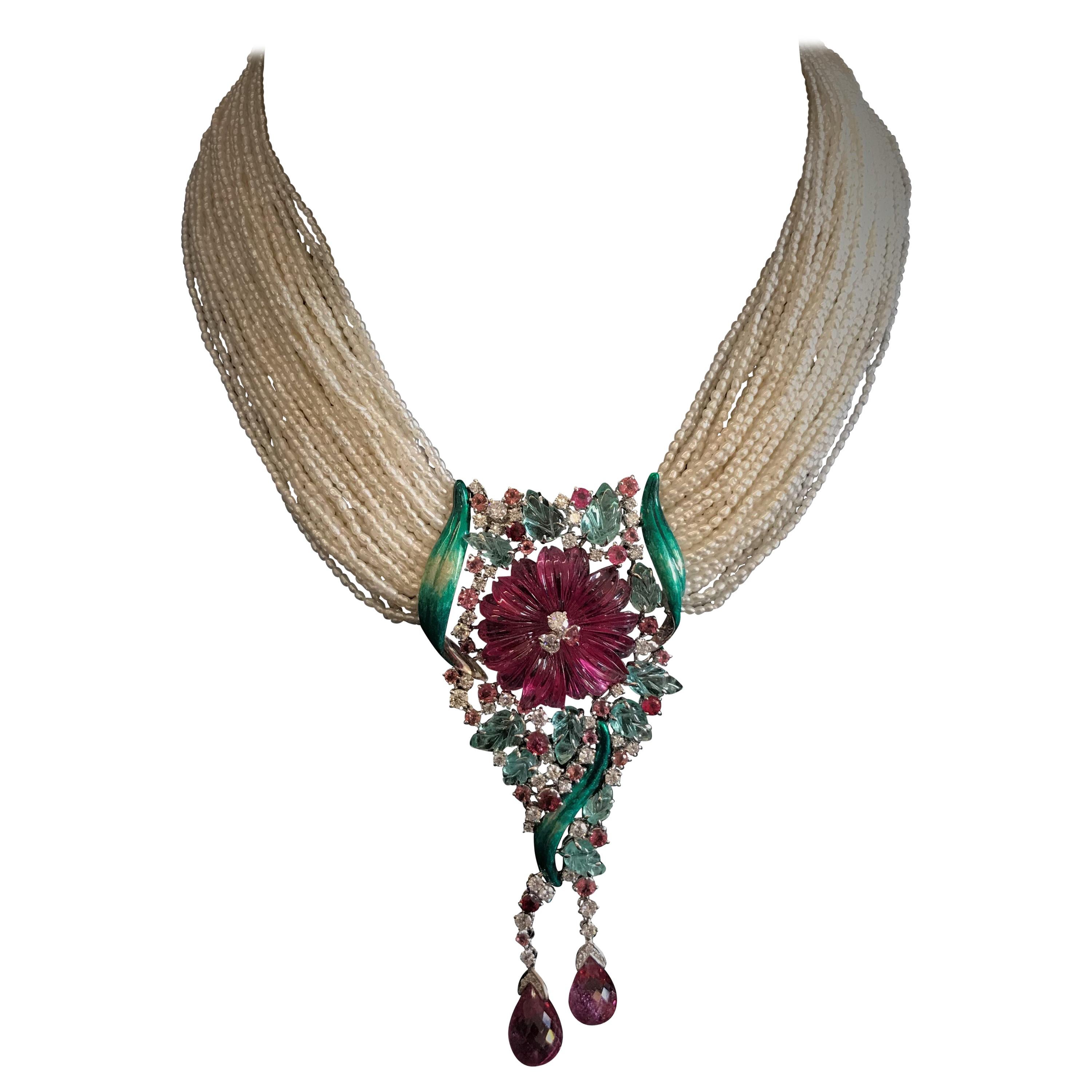 Multi-Strand Necklace Pink Rubelite Emerald Diamonds Tourmalines Pearls For Sale