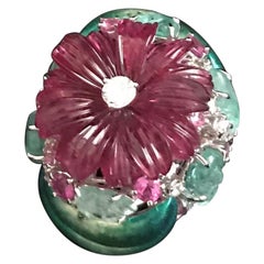 Cocktail Ring Carved Pink Rubelite Flower Carved Emerald Leaves Diamonds