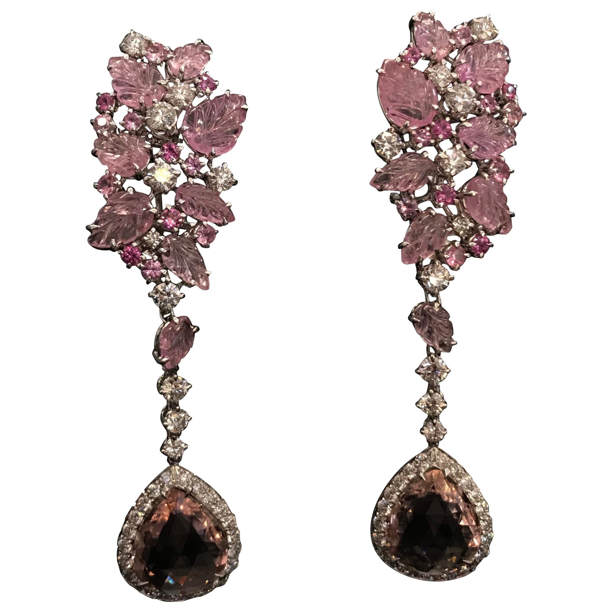 Chandelier Earrings Gold Diamonds Pink Sapphires Pink Tourmaline For Sale