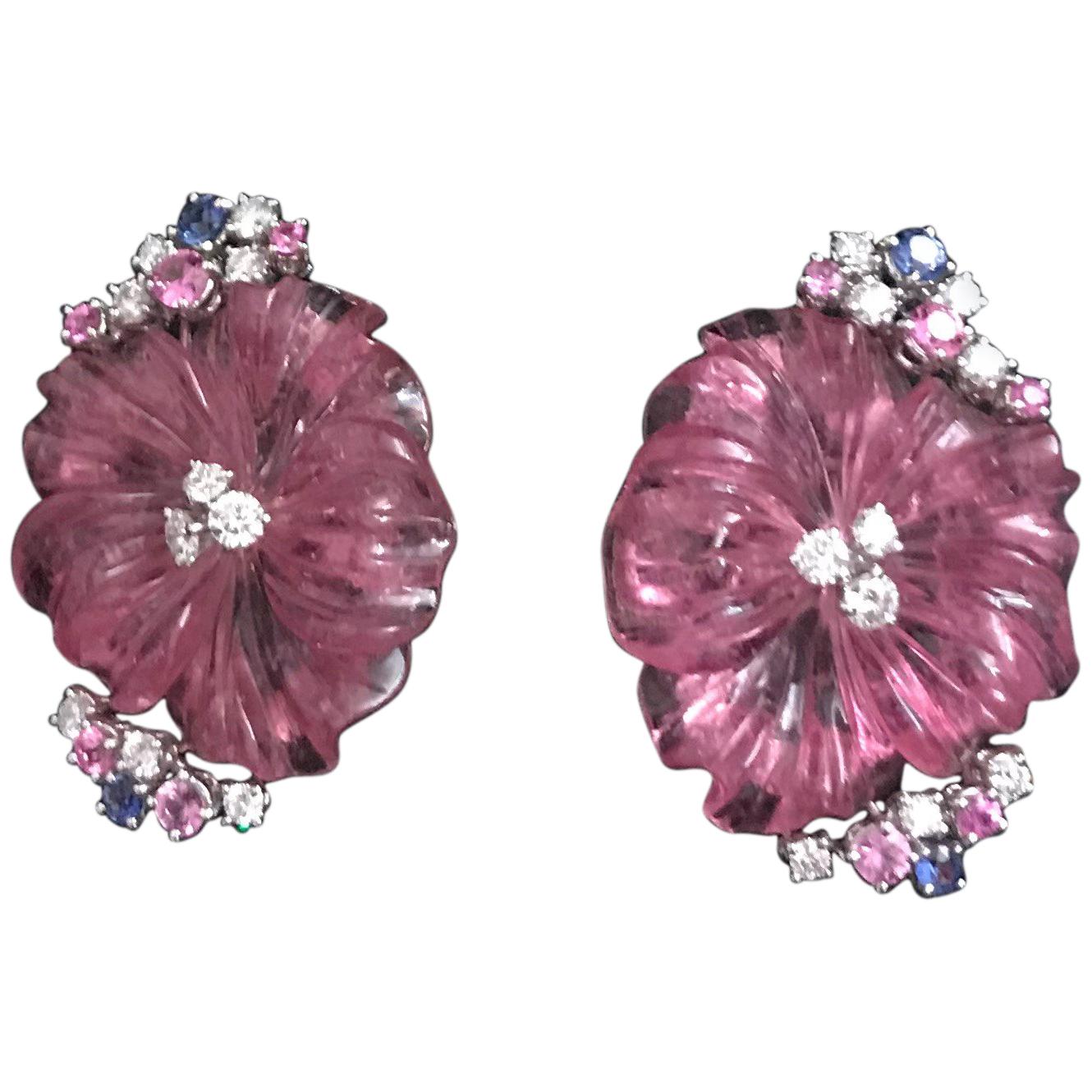 Clip-On Earrings Pink and Blue Sapphires Pink Tourmaline Flowers Diamonds For Sale