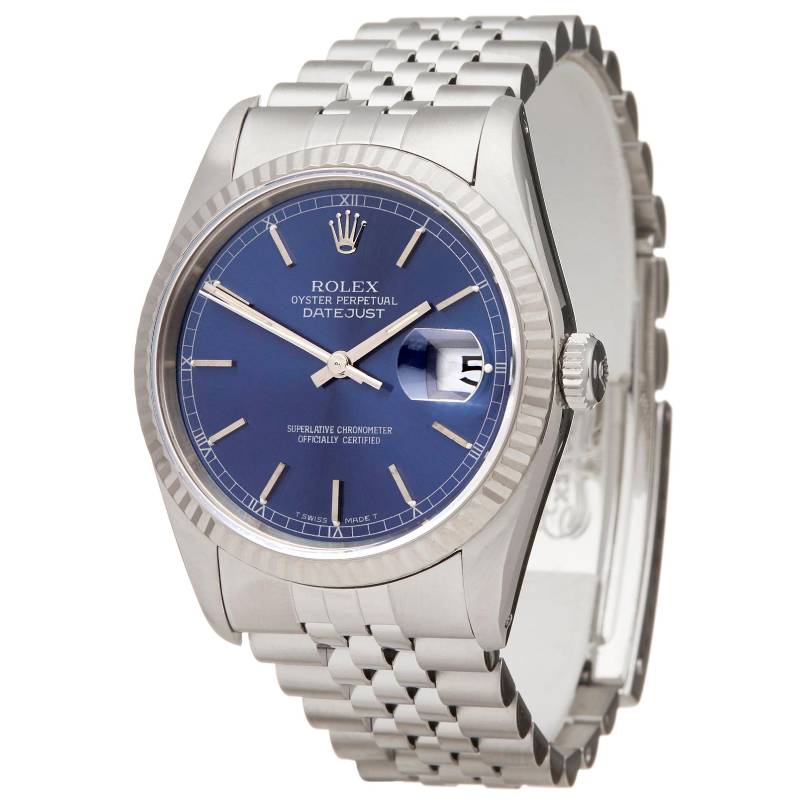 Reference: W5966
Manufacturer: Rolex
Model: Datejust
Model Reference: 16234
Age: 1st January 1991
Age: Unisex
Box and Papers: Box and Guarantee Only
Dial: Blue Baton
Glass: Sapphire Crystal
Movement: Automatic
Water Resistance: To Manufacturers