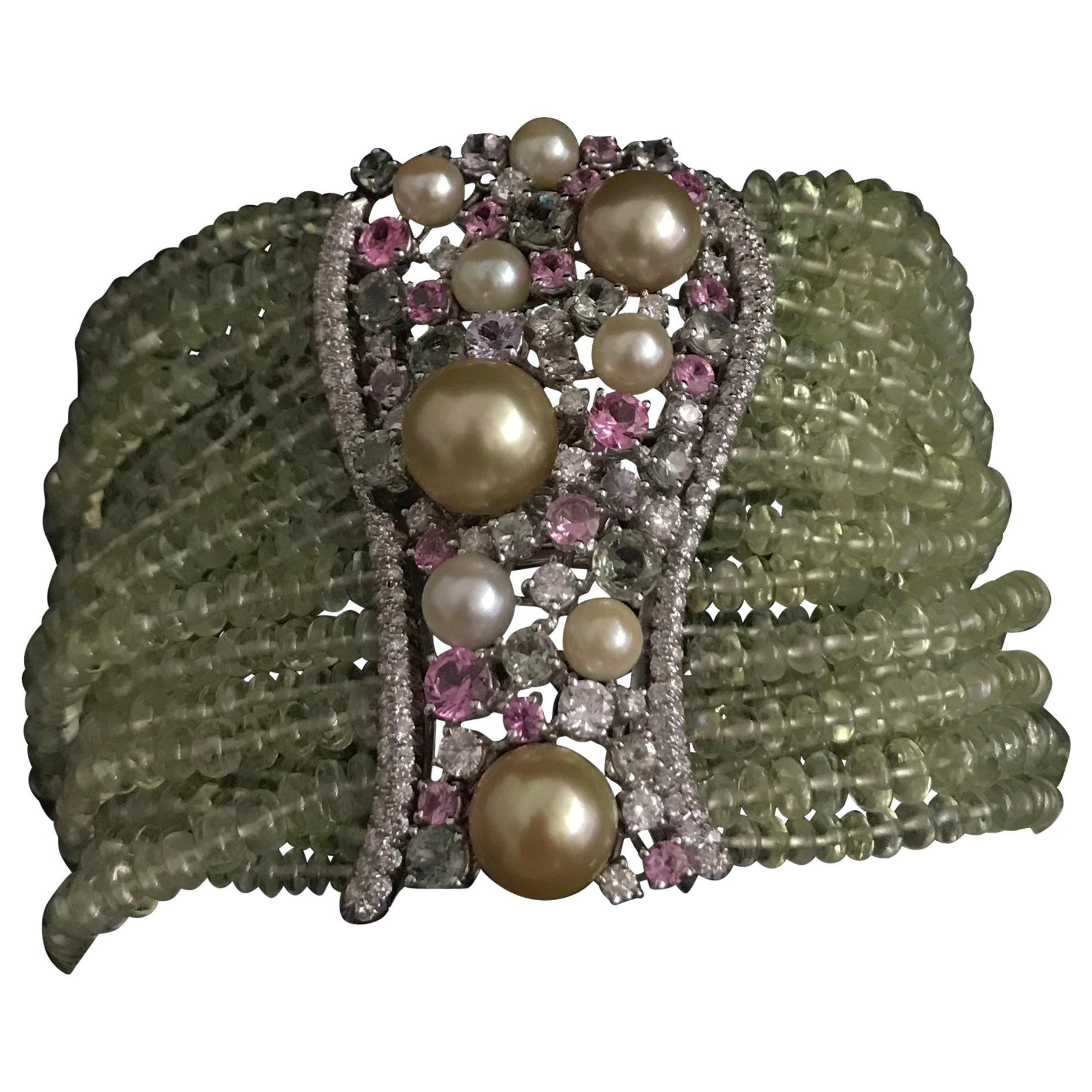Charm Chrysoberyl Bracelet Pearls Diamonds Pink and Green Sapphires For Sale