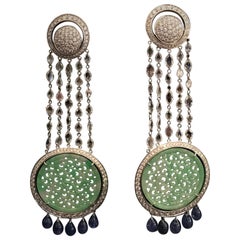 Chandelier Earrings Green Jade Rose Cut Diamonds Sapphires White Gold