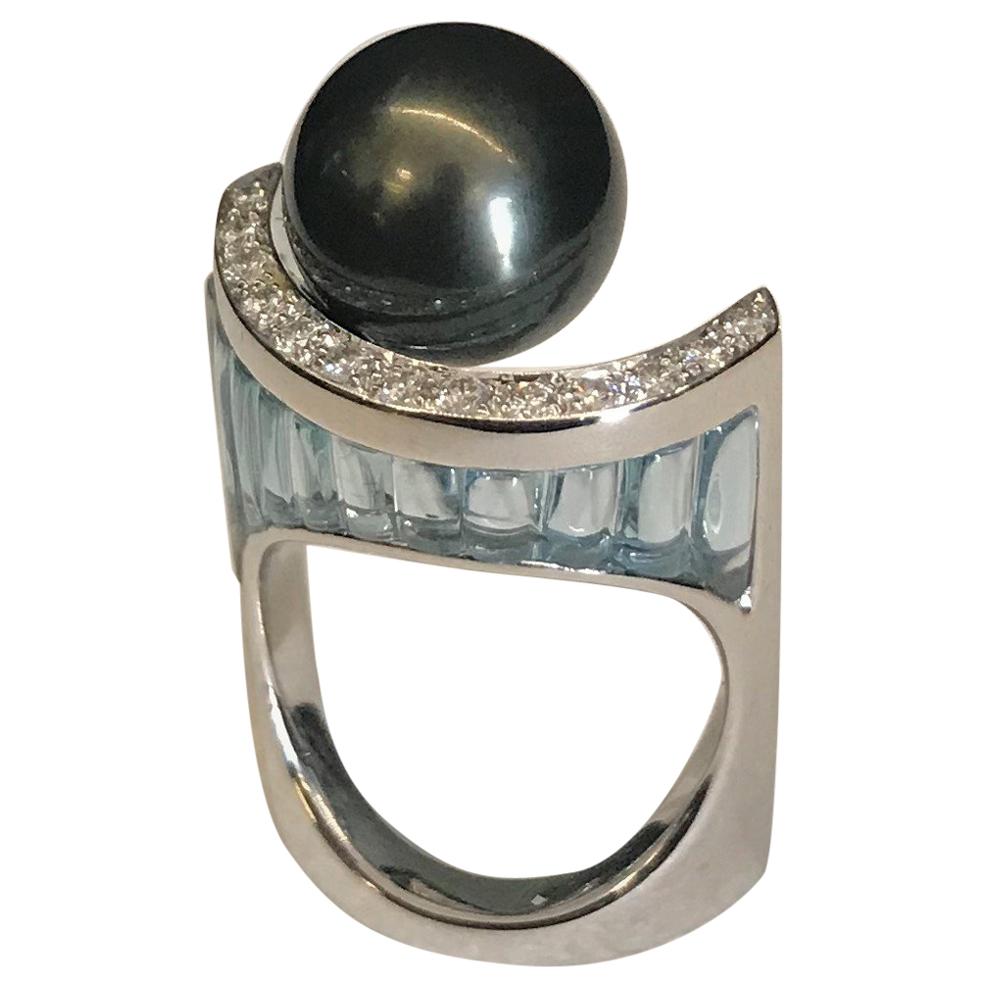 Tahitian Black Pearl, Blue Topaz, Diamonds, White Gold Ring For Sale