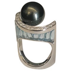 Tahitian Black Pearl, Blue Topaz, Diamonds, White Gold Ring