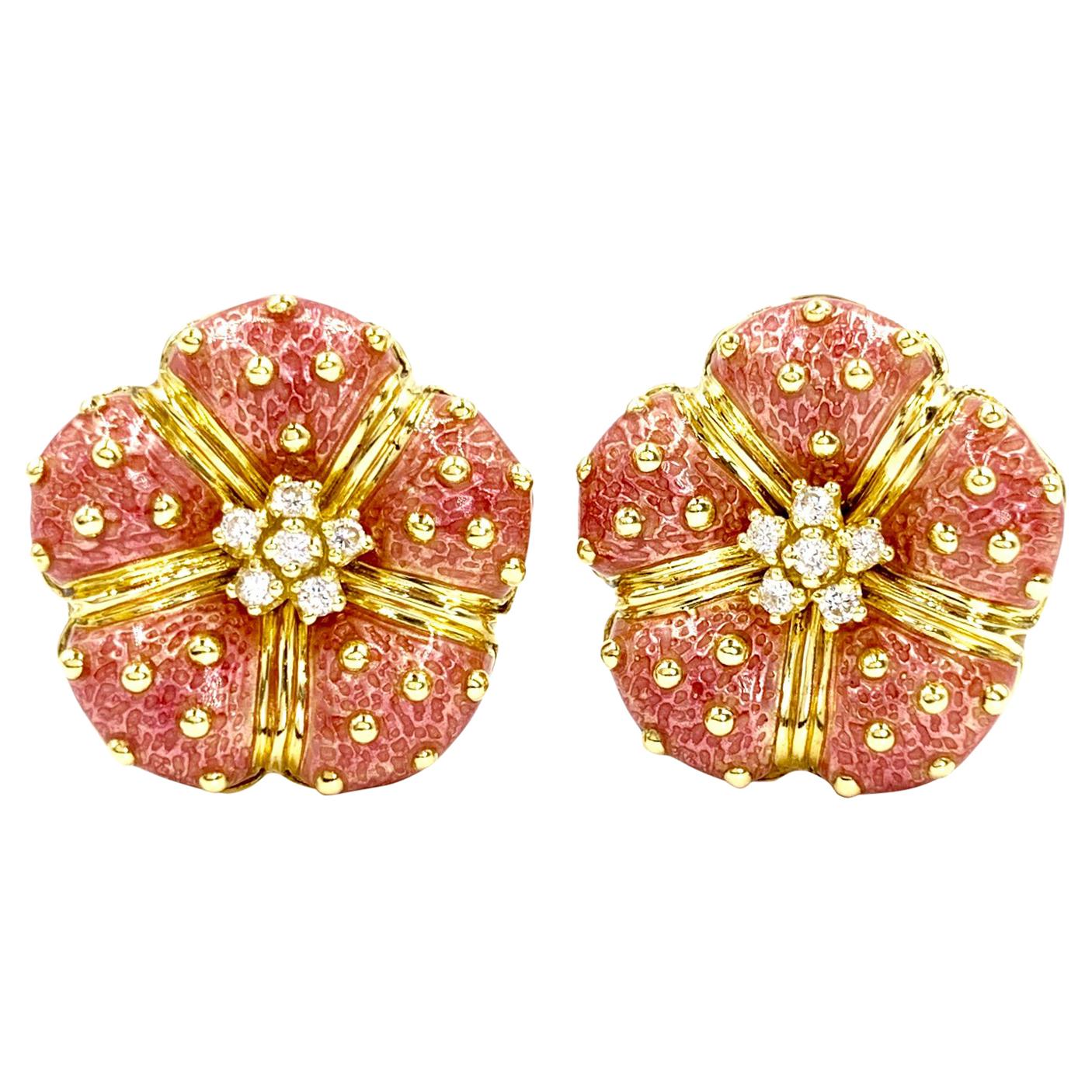 Hidalgo 18 Karat Diamond and Enamel Flower Earrings