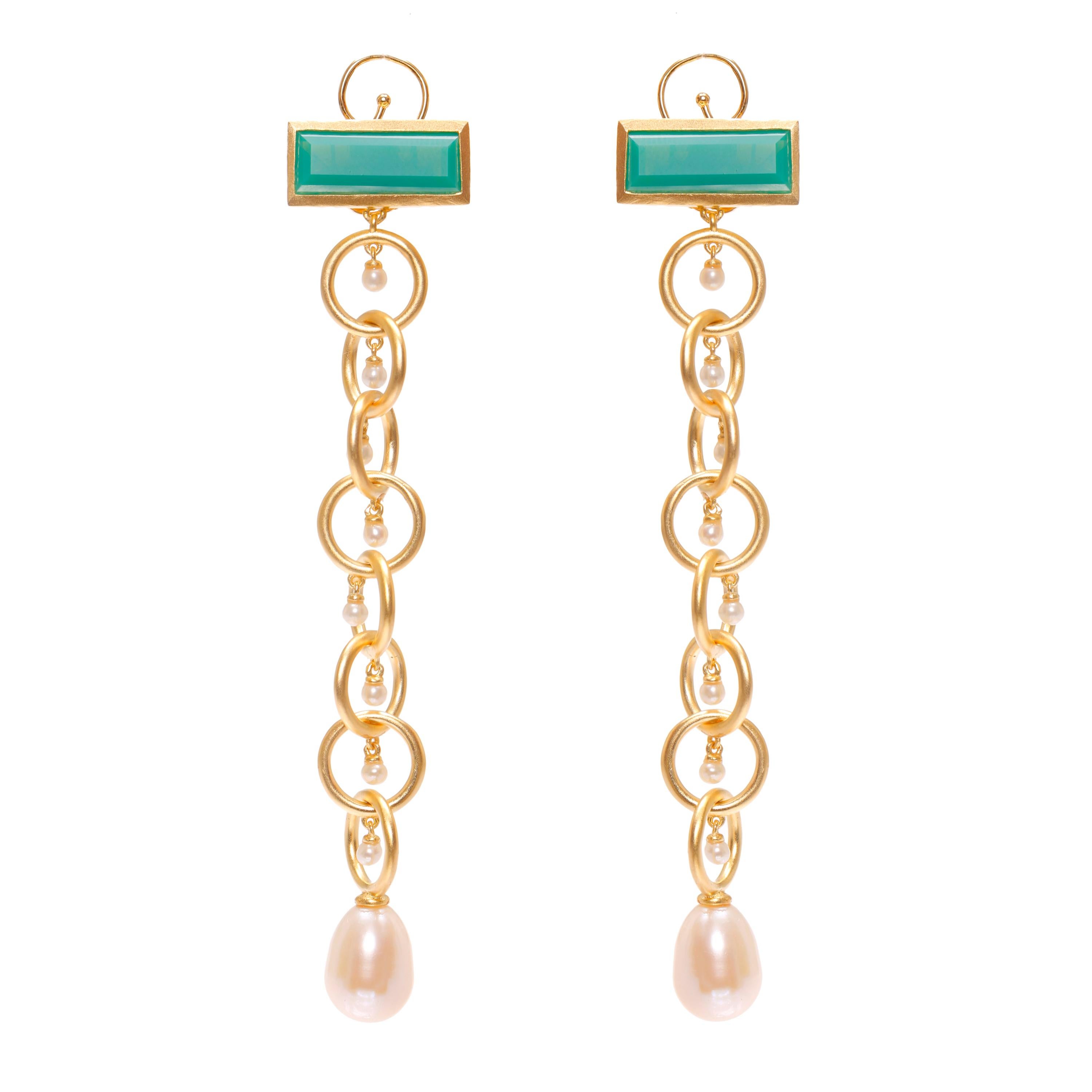 Ammanii Drop Earrings Vermeil Gold with Green Chrysoprase and  Pearls For Sale